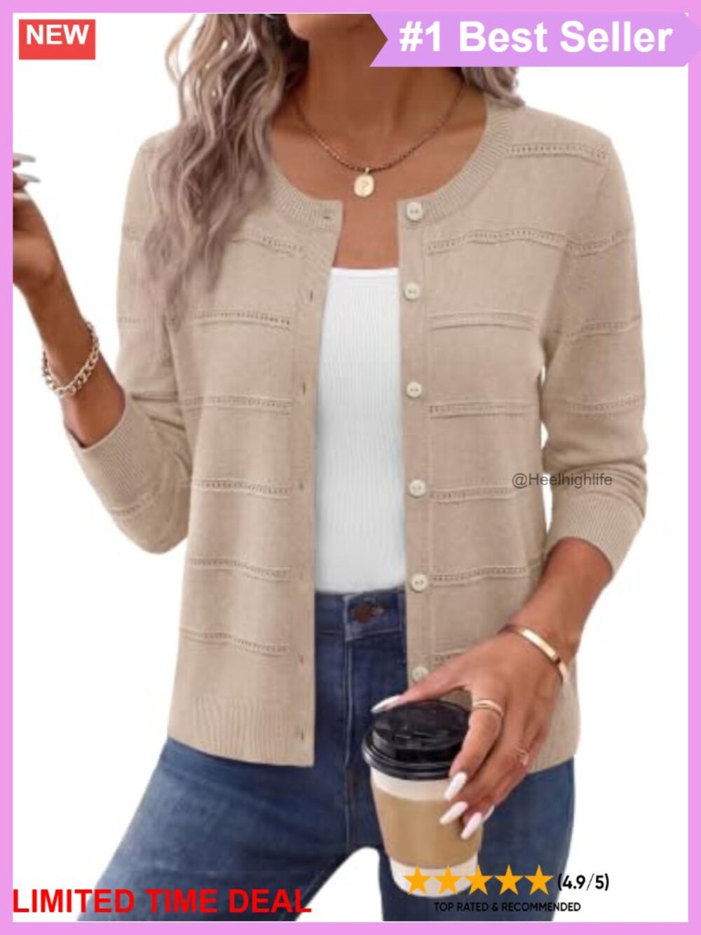 Hollow Out Knit Crewneck Button Cardigan Lightweight Layering Sweater